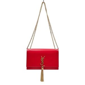 Auth Saint Laurent Red Leather Pompom Kate Clutch Pouchette Tassel Preloved Ex++